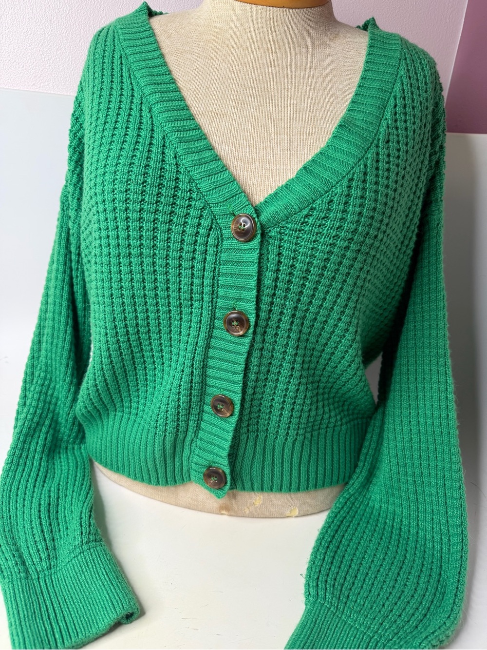 Pink Rose Green V-Neck Button-Front Ribbed Cardigan - Picture 2 of 5